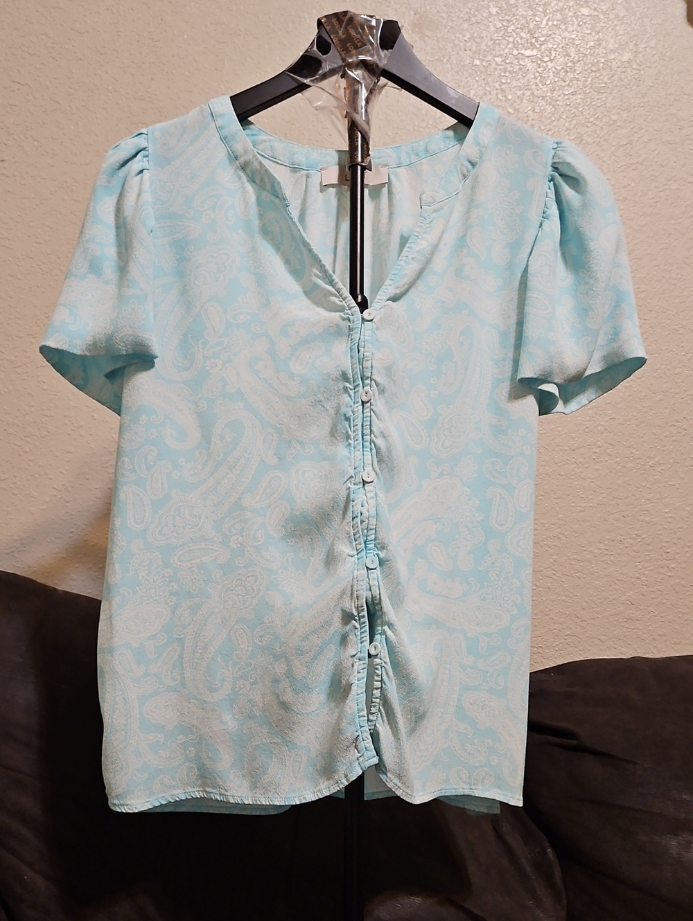 LOFT Light Blue Paisley Ruffle-Trim Button Front Blouse